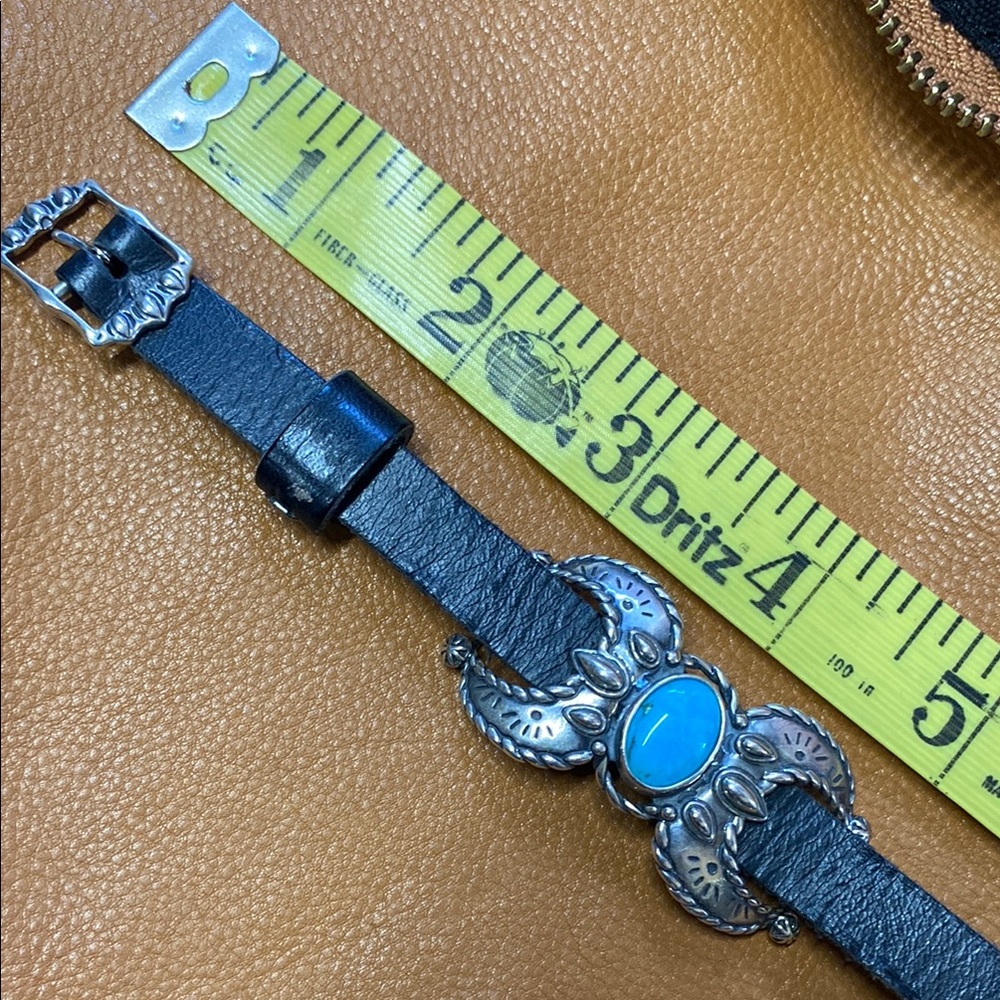 Black Leather Bracelet with sterling Silver and real Turquoise Accent
